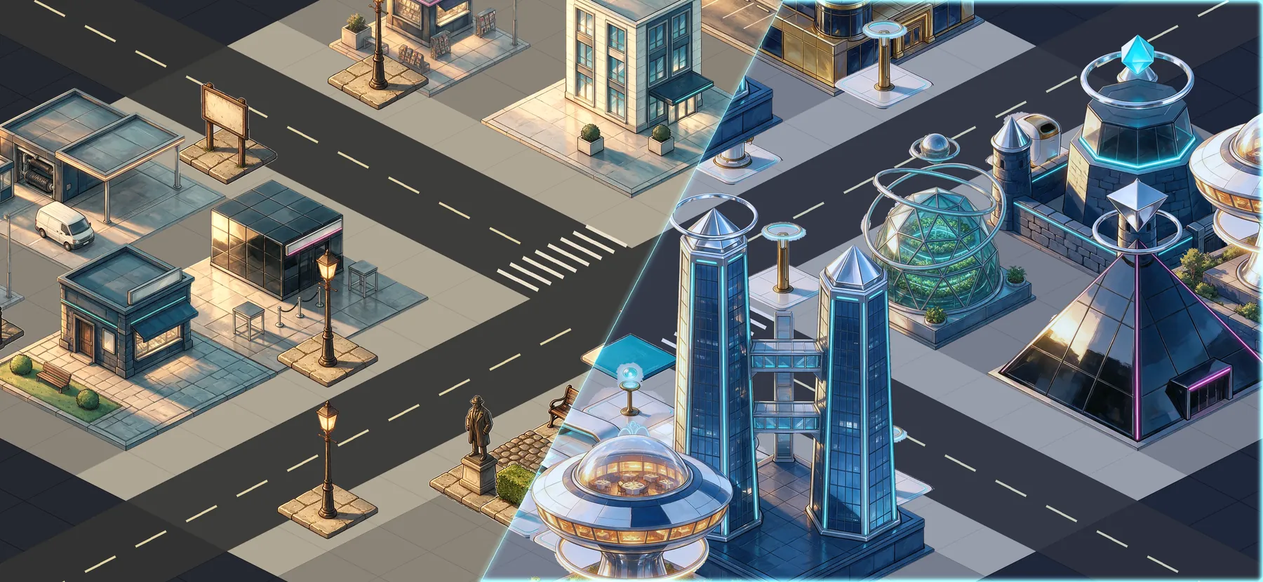 The same street at Level 1, with small brick shops, and at Level 10, with glass towers, a pyramid and domes